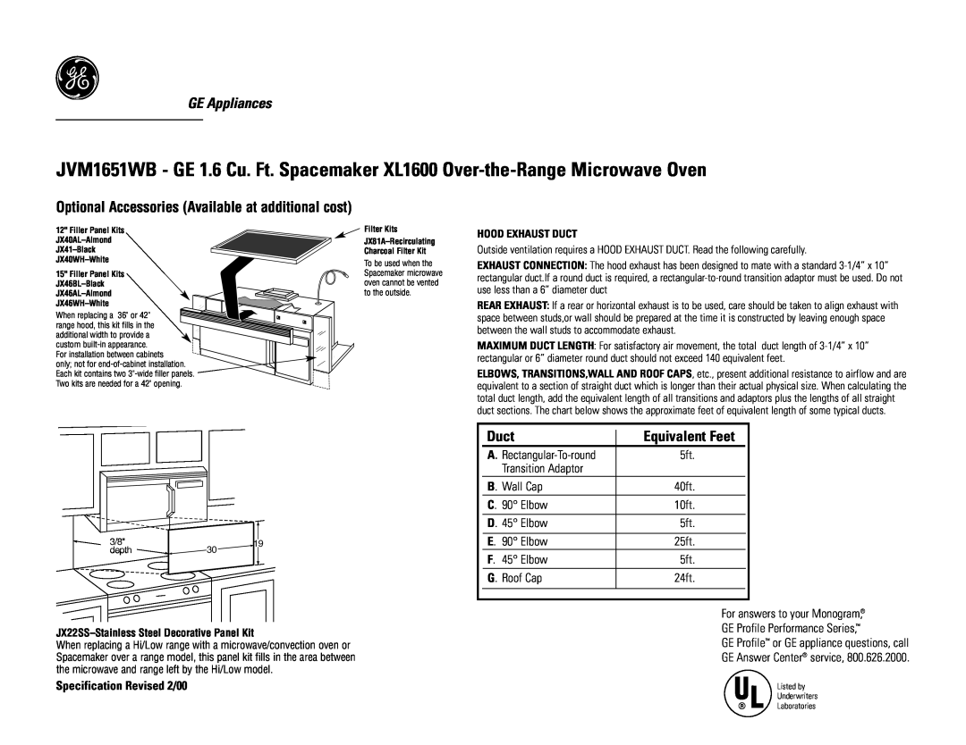 GE JVM1651WB dimensions GE Appliances, Optional Accessories Available at additional cost, Duct, Equivalent Feet 