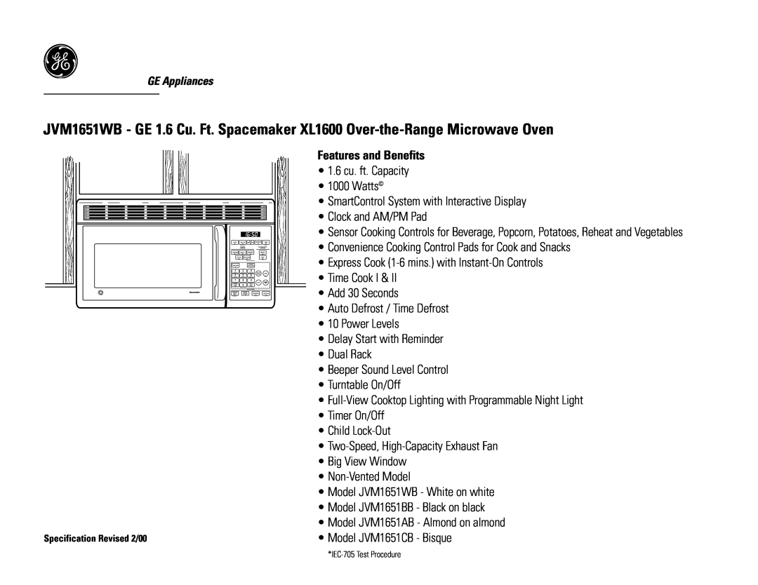 GE JVM1651WB dimensions Features and Benefits 