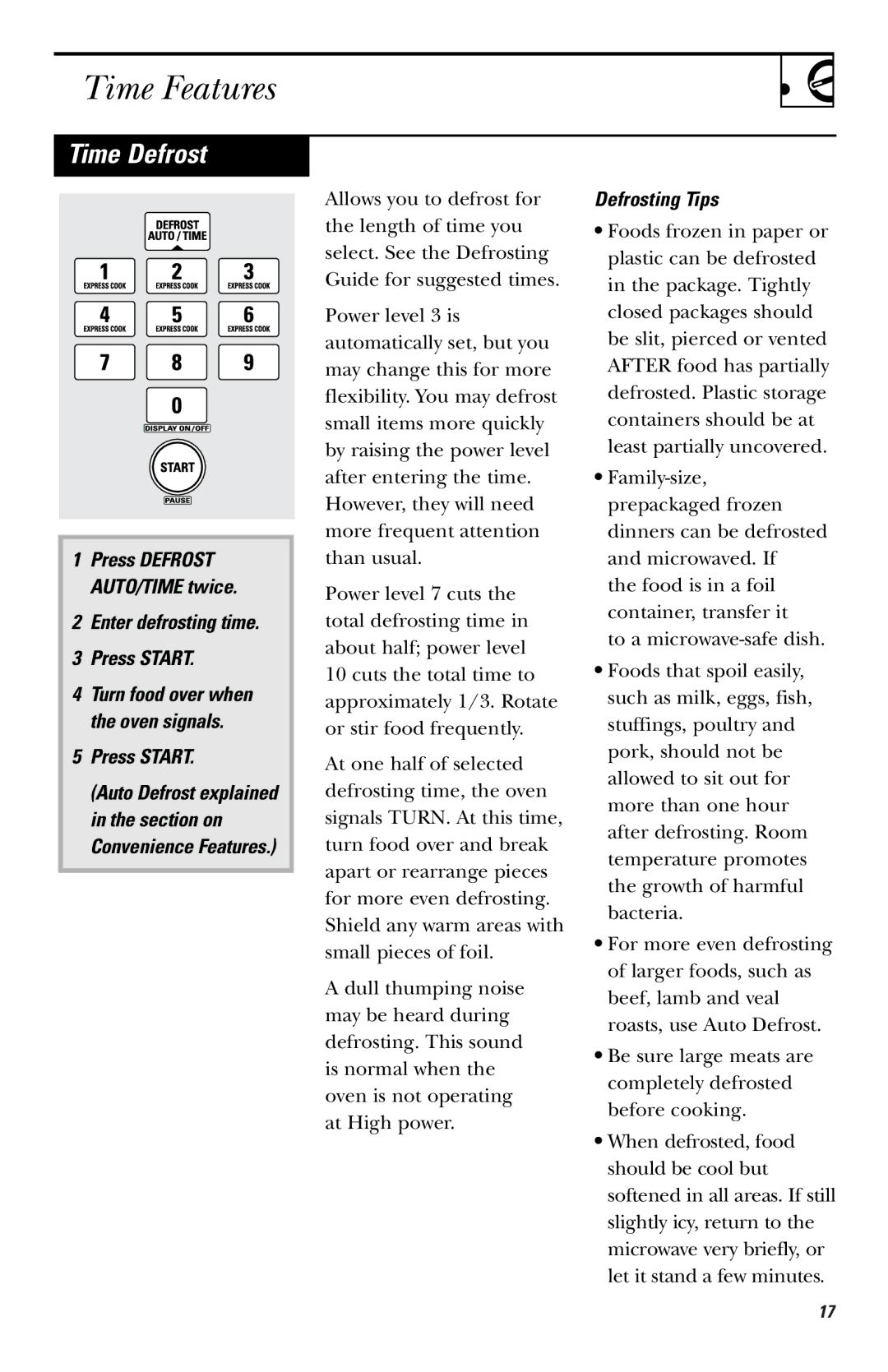 GE JVM1660 owner manual Time Defrost, Enter defrosting time Press Start, Defrosting Tips 