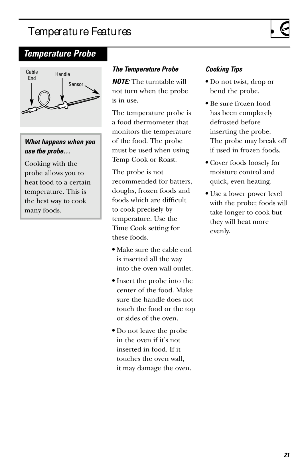 GE JVM1660 owner manual Temperature Features, Temperature Probe, What happens when you use the probe…, Cooking Tips 