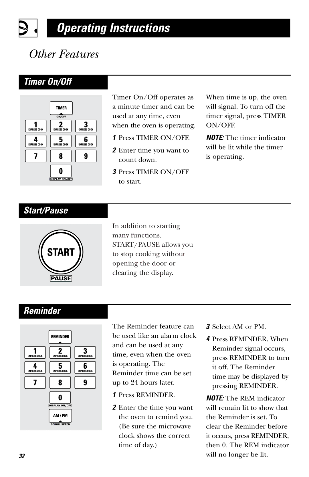 GE JVM1660 owner manual Timer On/Off, Start/Pause 