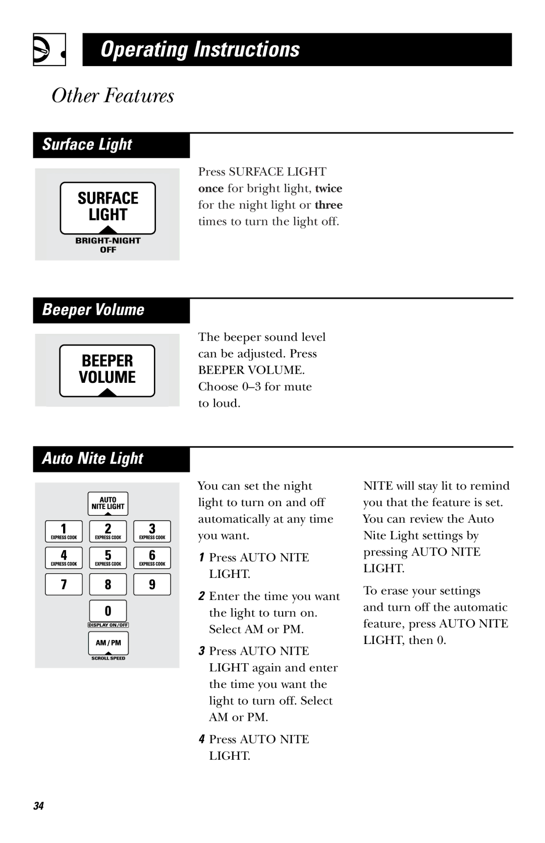 GE JVM1660 owner manual Surface Light, Beeper Volume, Auto Nite Light 