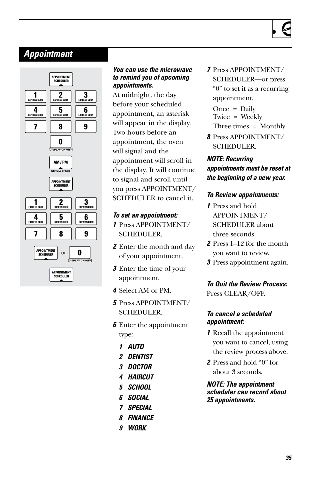 GE JVM1660 owner manual Appointment, To set an appointment, To Review appointments, To Quit the Review Process 