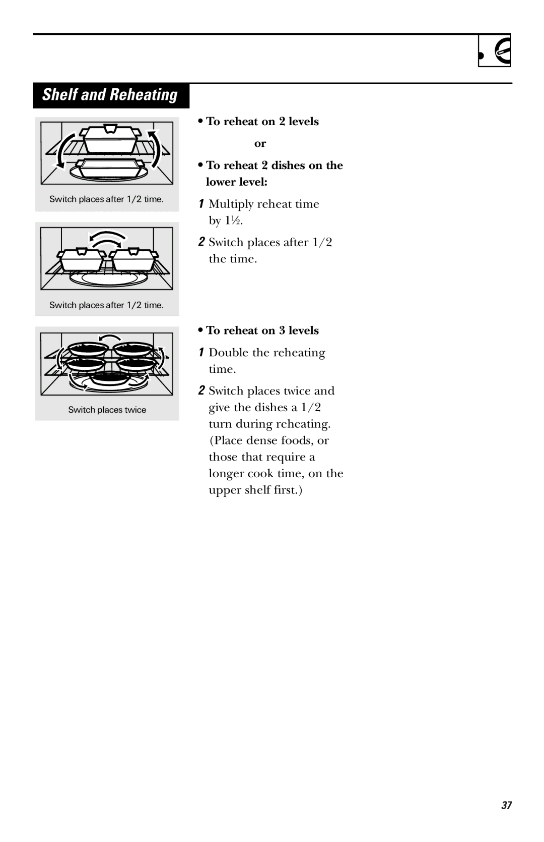 GE JVM1660 owner manual Shelf and Reheating, To reheat on 3 levels 