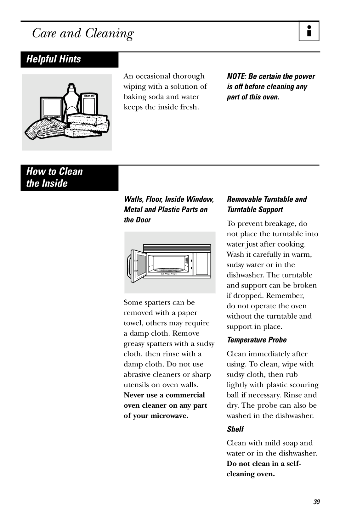 GE JVM1660 owner manual Care and Cleaning, Helpful Hints, Removable Turntable and Turntable Support, Shelf 