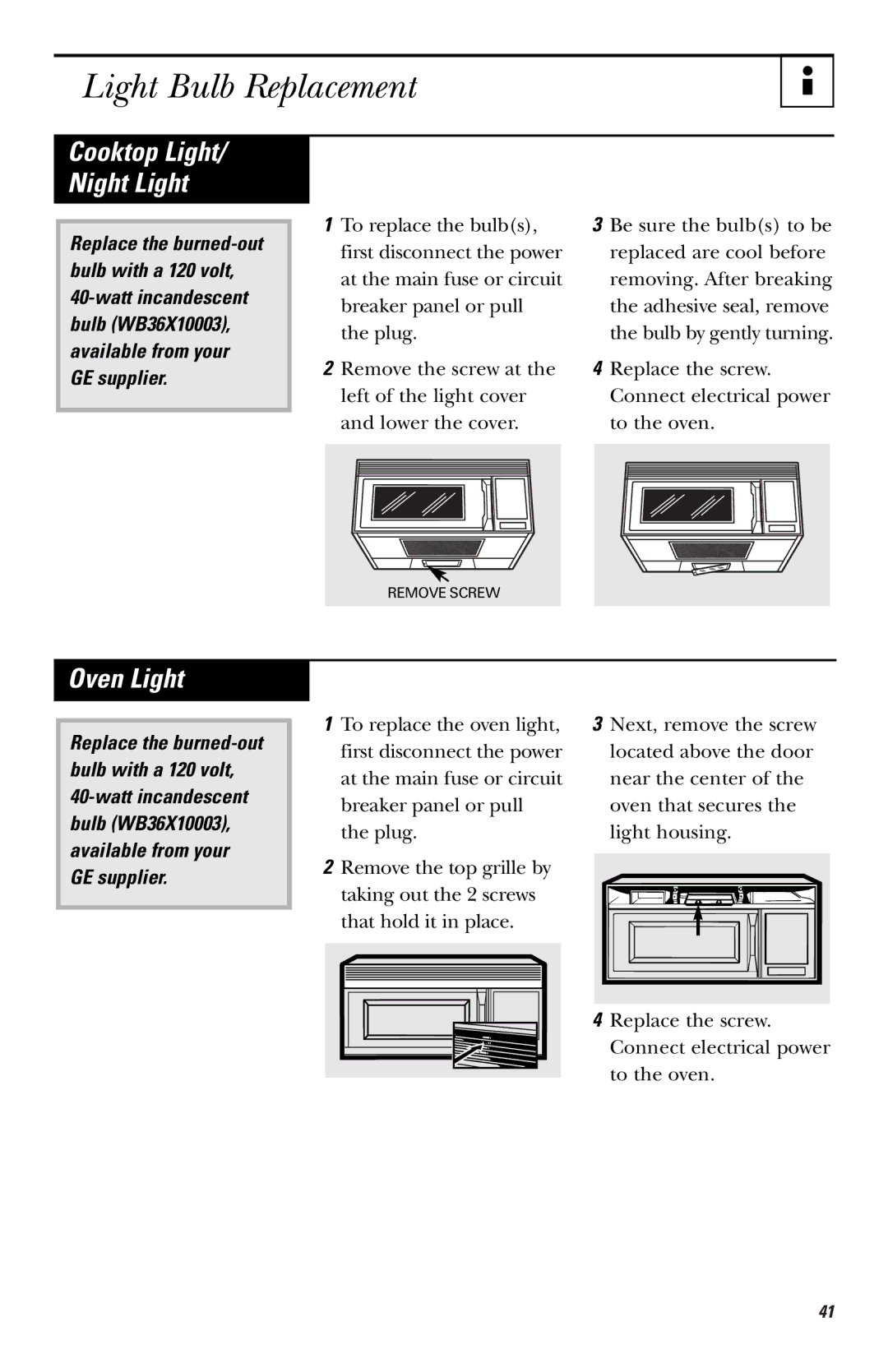 GE JVM1660 owner manual Light Bulb Replacement, Oven Light 