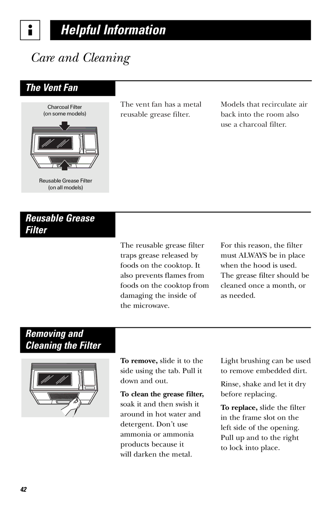 GE JVM1660 owner manual Reusable Grease Filter, Removing Cleaning the Filter, To clean the grease filter 