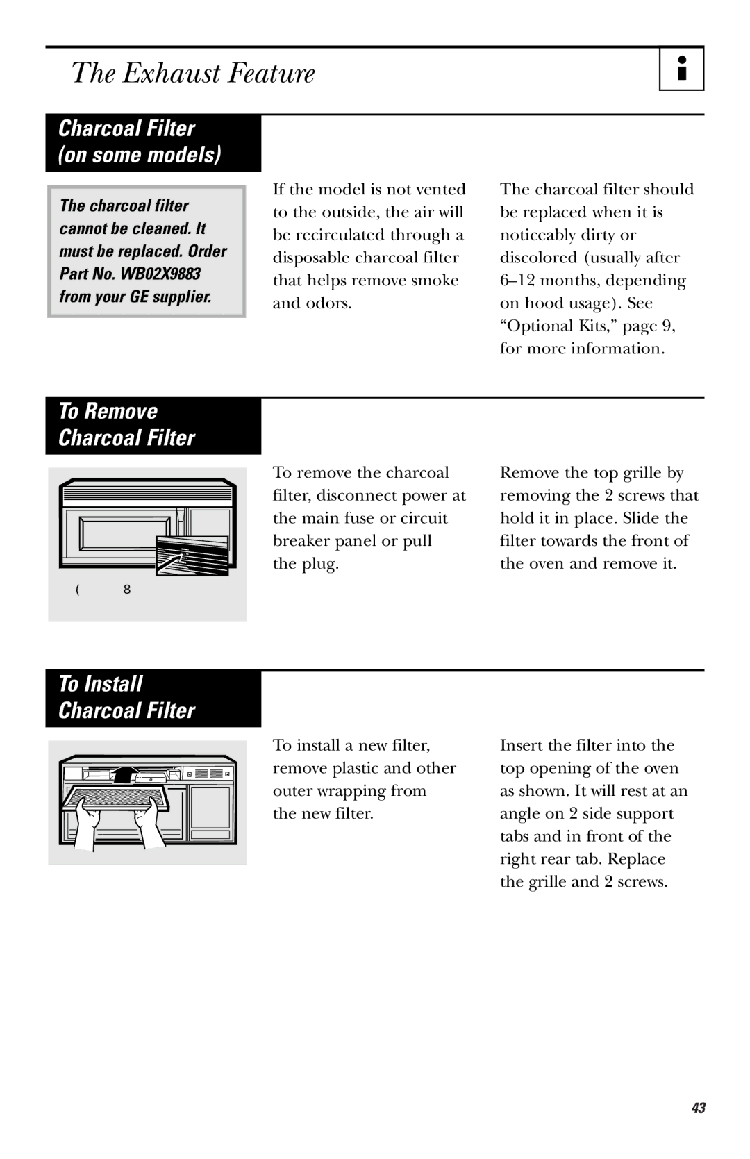GE JVM1660 owner manual Exhaust Feature, To Remove Charcoal Filter, To Install Charcoal Filter 