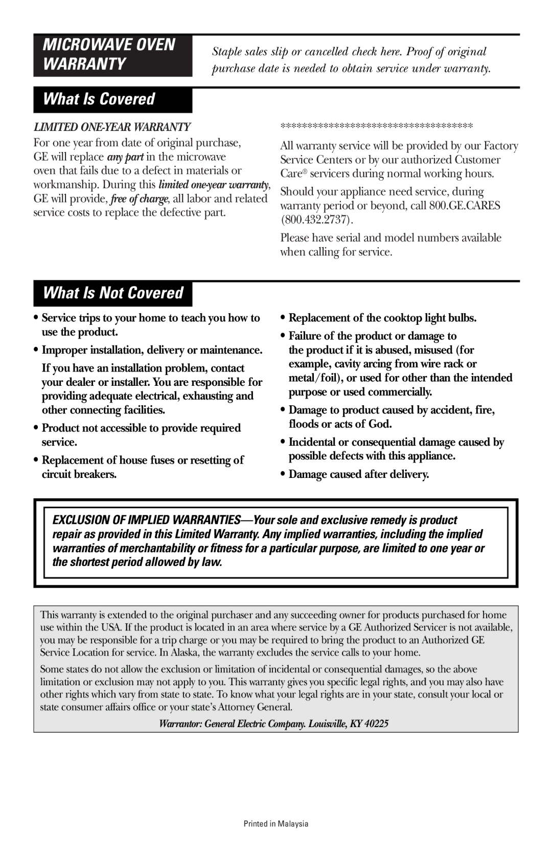 GE JVM1660 owner manual What Is Covered, What Is Not Covered, Damage caused after delivery 