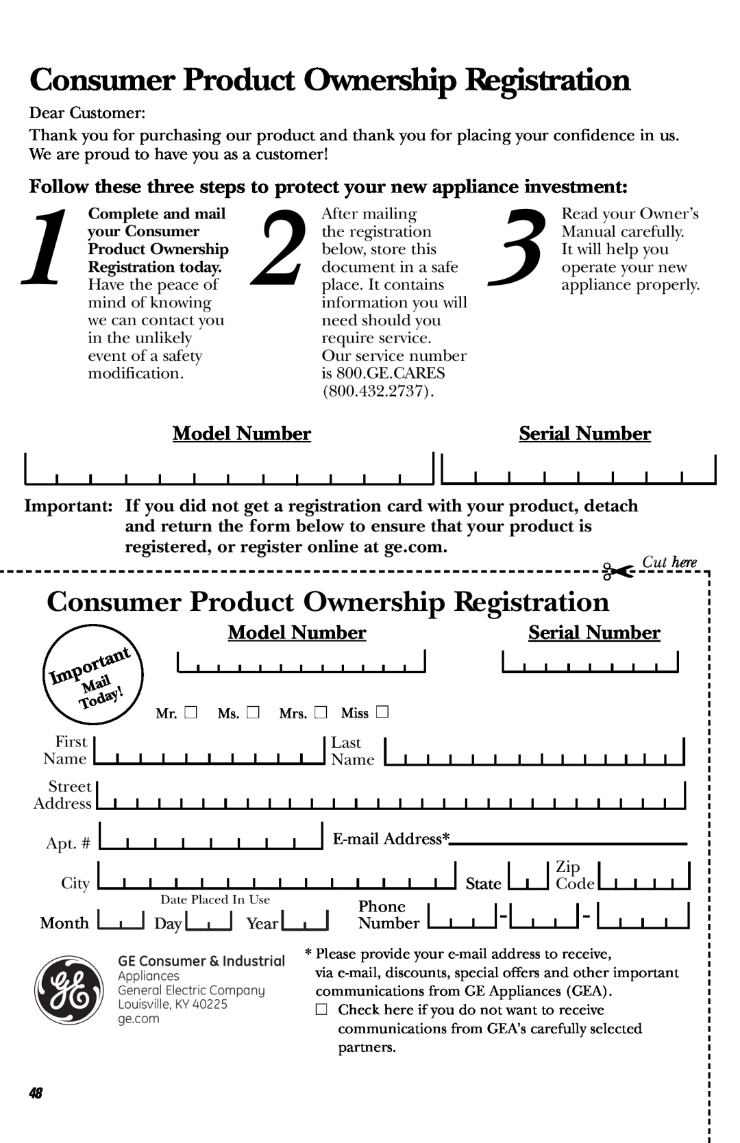 GE JVM1660 owner manual Consumer Product Ownership Registration, Model Number, Serial Number, Cut here 