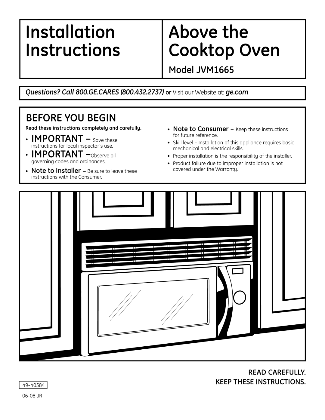 GE JVM1665SNSS warranty Before YOU Begin, Read these instructions completely and carefully 