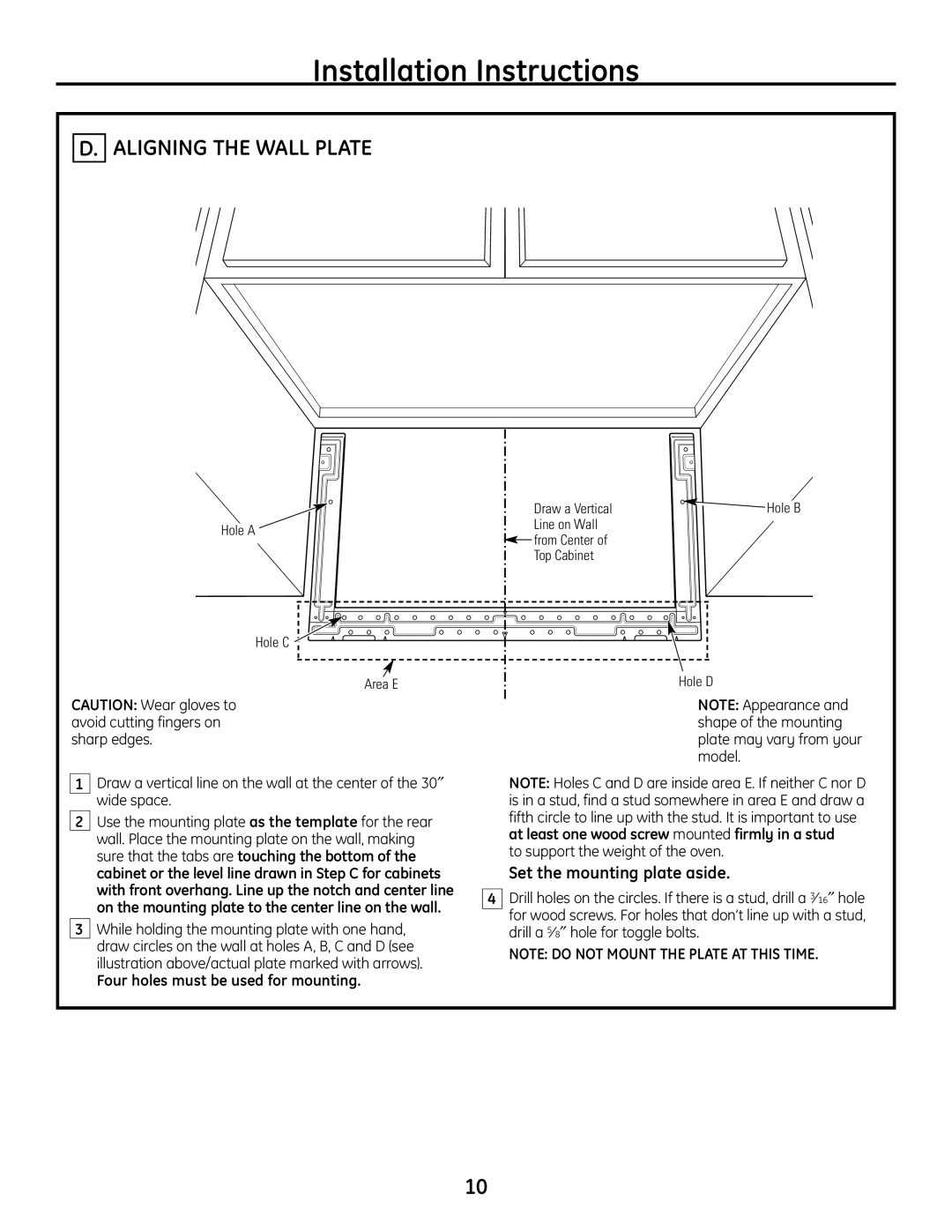 GE JVM1665SNSS warranty Aligning the Wall Plate, Four holes must be used for mounting, To support the weight of the oven 