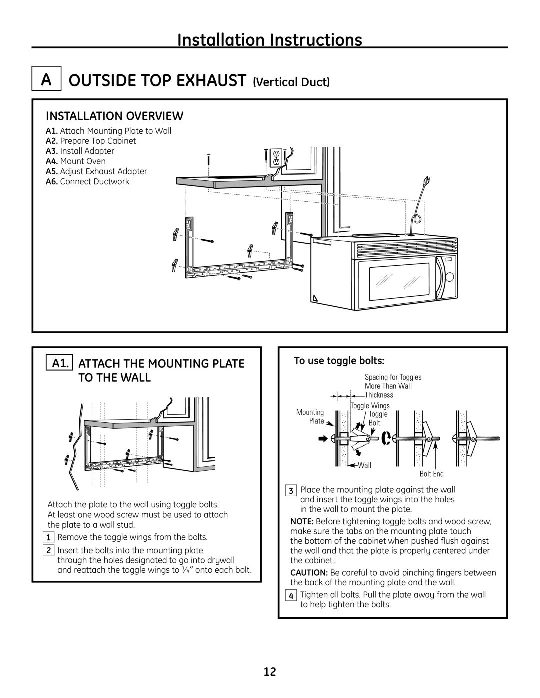 GE JVM1665SNSS warranty Installation Overview, A1. Attach the Mounting Plate to the Wall, To use toggle bolts 