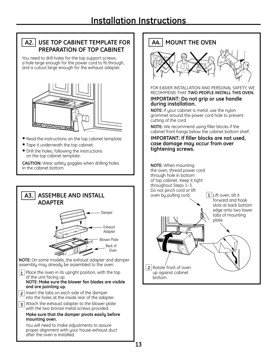 GE JVM1665 warranty A4. Mount the Oven, A3. Assemble and Install Adapter, Oven, thread power cord through hole in bottom 