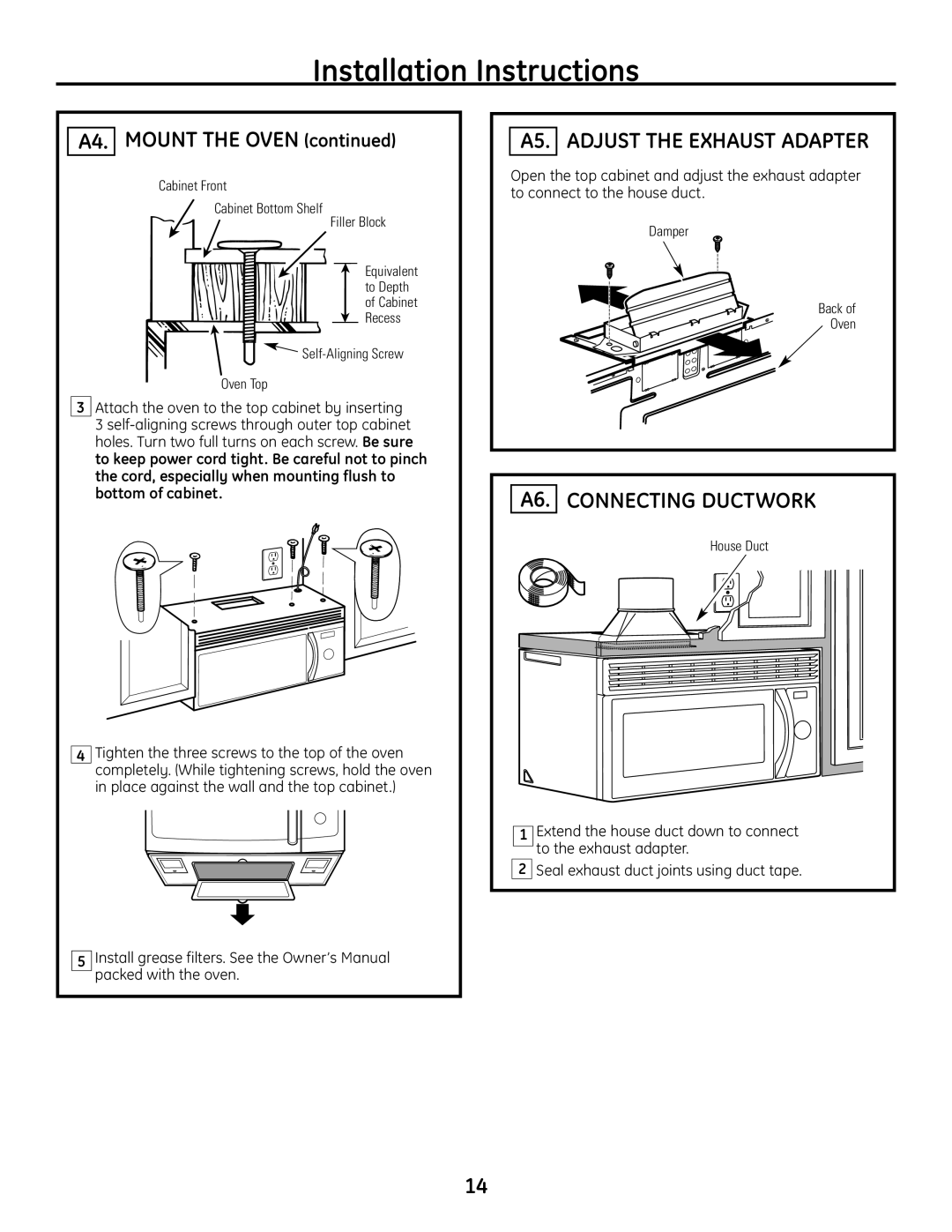 GE JVM1665SNSS warranty A5. Adjust the Exhaust Adapter, A6. Connecting Ductwork 