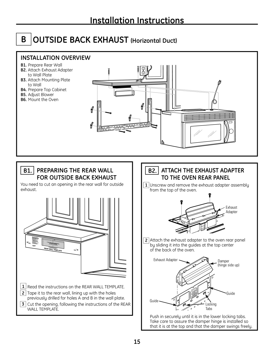 GE JVM1665SNSS warranty B2. Attach the Exhaust Adapter To the Oven Rear Panel, Guide Locking Tabs 