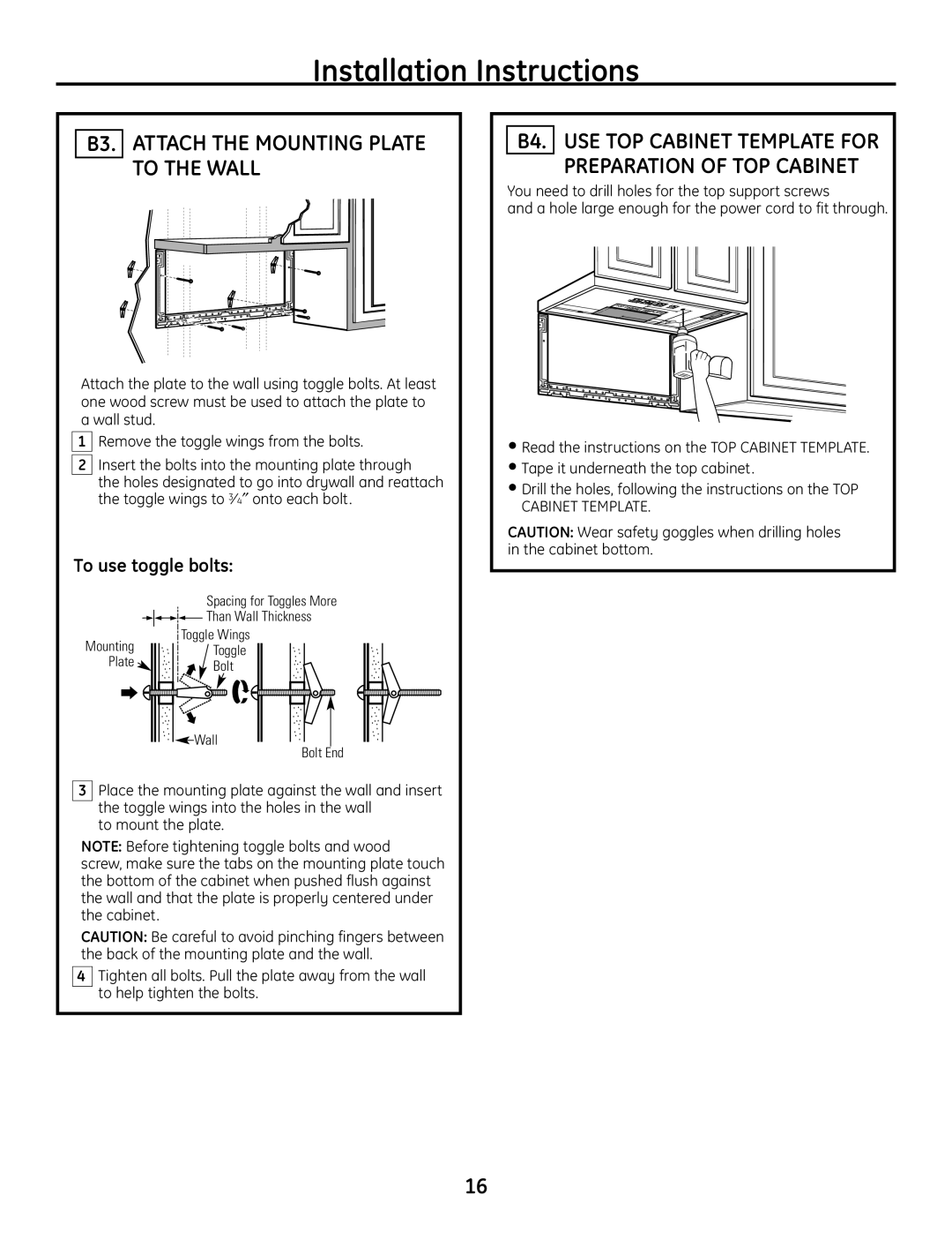 GE JVM1665SNSS B3. Attach the Mounting Plate to the Wall, B4. USE TOP Cabinet Template for Preparation of TOP Cabinet 