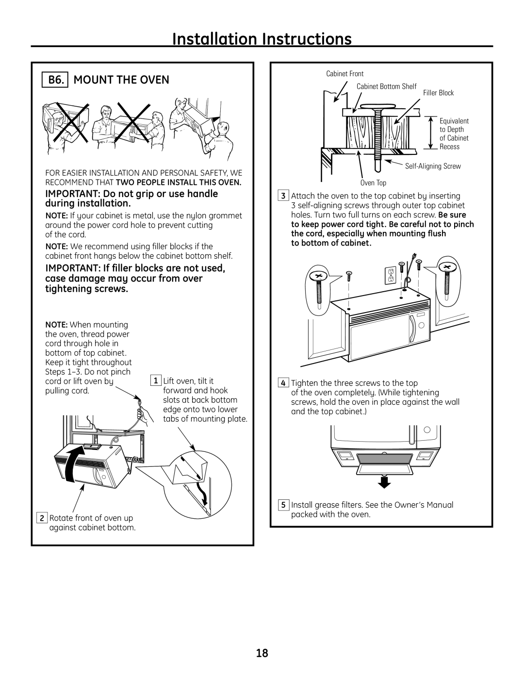 GE JVM1665SNSS B6. Mount the Oven, Important Do not grip or use handle during installation, Cord, To bottom of cabinet 