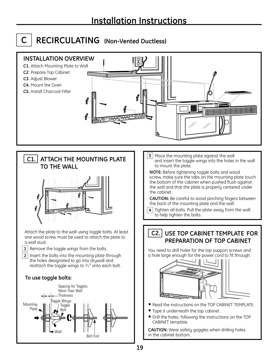 GE JVM1665 warranty C1. Attach the Mounting Plate to the Wall, C2. USE TOP Cabinet Template for Preparation of TOP Cabinet 