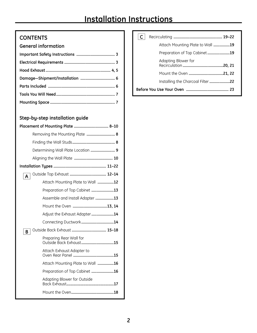 GE JVM1665SNSS warranty Installation Instructions, Contents 