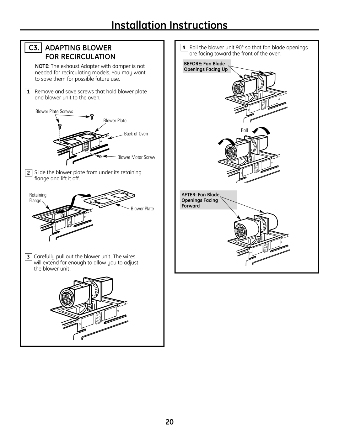 GE JVM1665SNSS warranty C3. Adapting Blower For Recirculation, Blower Plate Screws Back of Oven Blower Motor Screw, Roll 