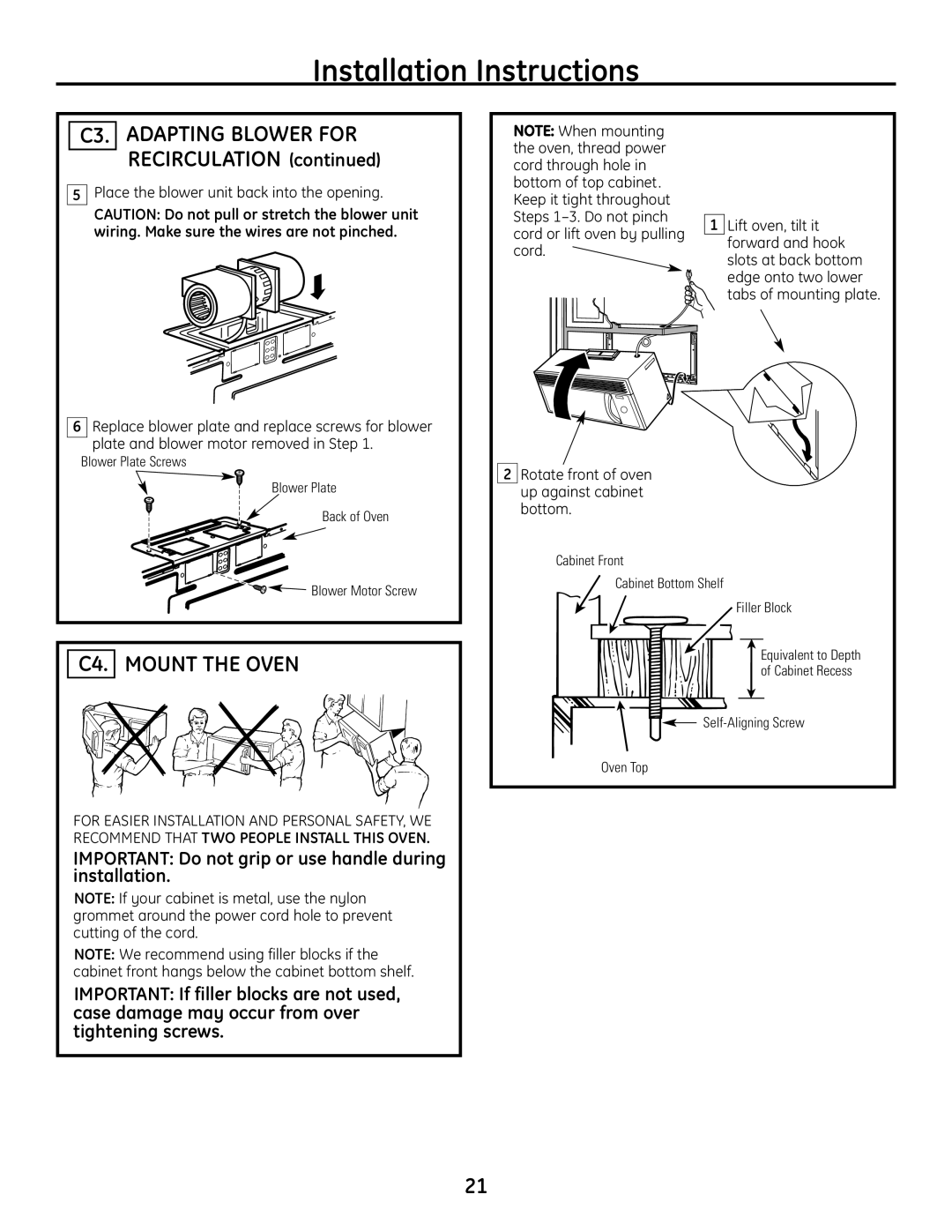 GE JVM1665SNSS warranty C4. Mount the Oven, C3. Adapting Blower for Recirculation 