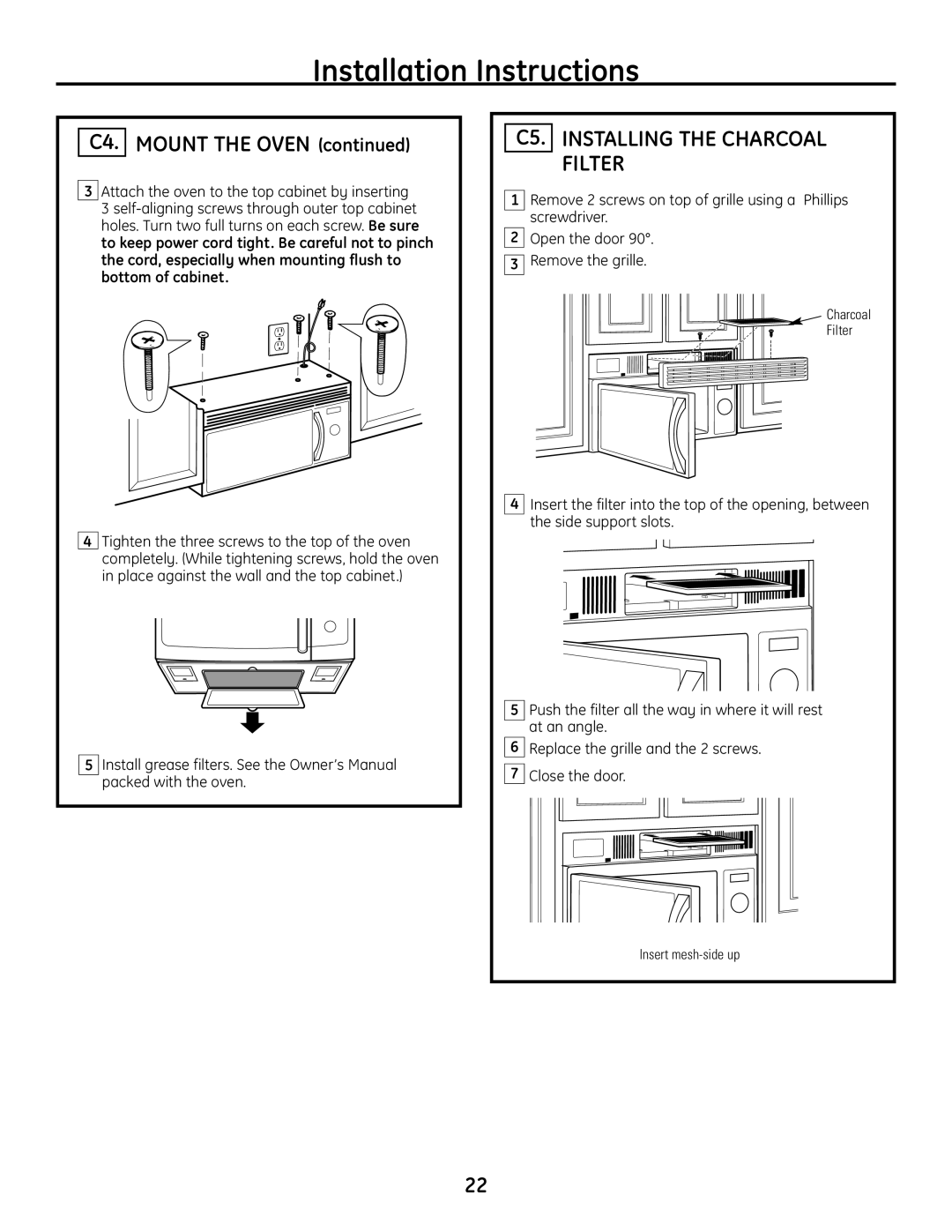 GE JVM1665SNSS warranty C5. Installing the Charcoal Filter, Insert mesh-side up 