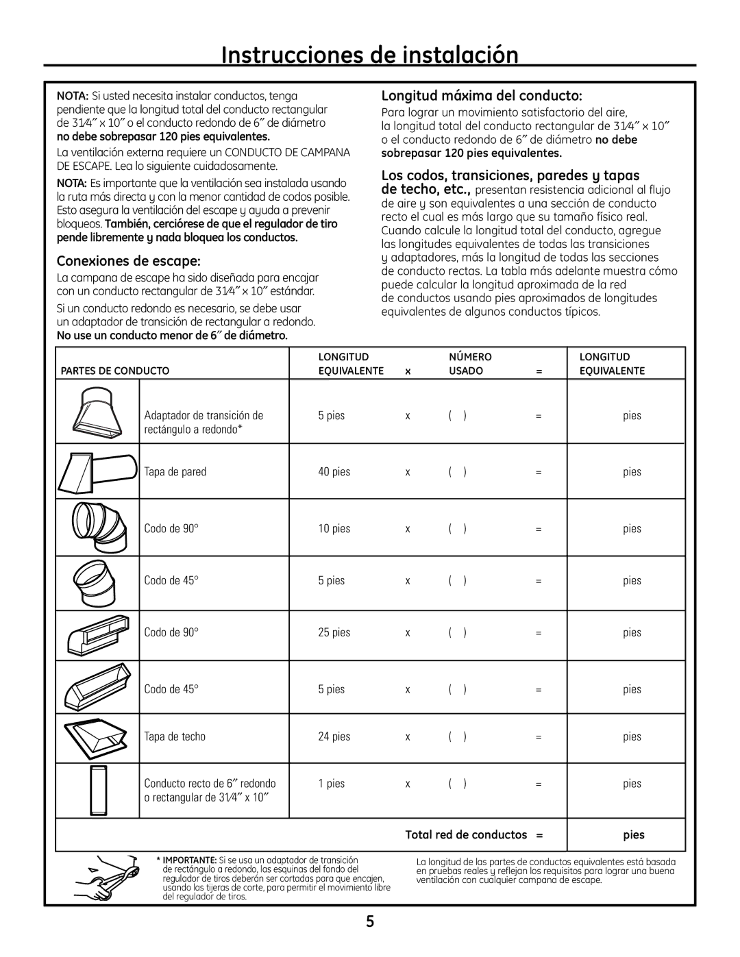 GE JVM1665SNSS warranty Conexiones de escape, Longitud máxima del conducto, Los codos, transiciones, paredes y tapas 