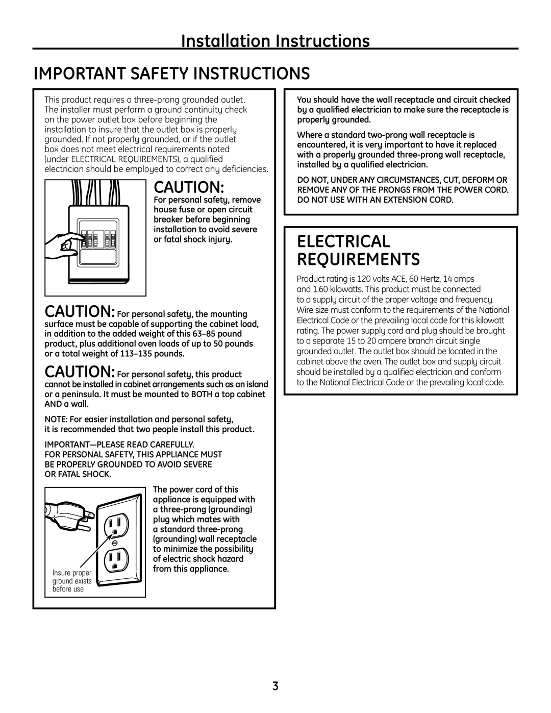 GE JVM1665 Important Safety Instructions, Electrical Requirements, It is recommended that two people install this product 