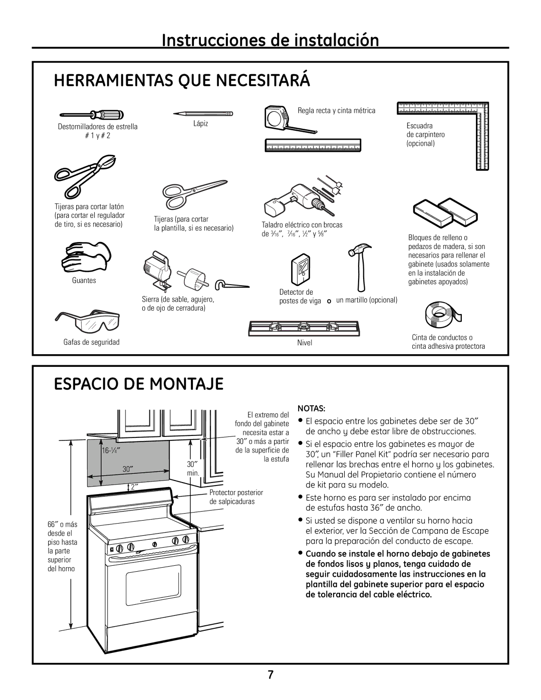 GE JVM1665 warranty Herramientas QUE Necesitará, Espacio DE Montaje, Notas, Si el espacio entre los gabinetes es mayor de 