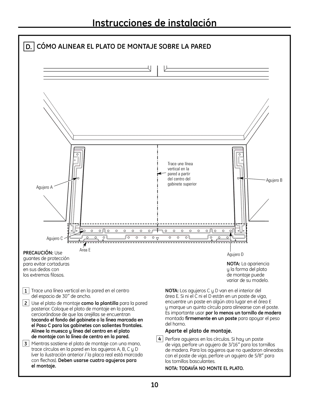 GE JVM1665SNSS warranty Cómo Alinear EL Plato DE Montaje Sobre LA Pared, Nota Todavía no Monte EL Plato 