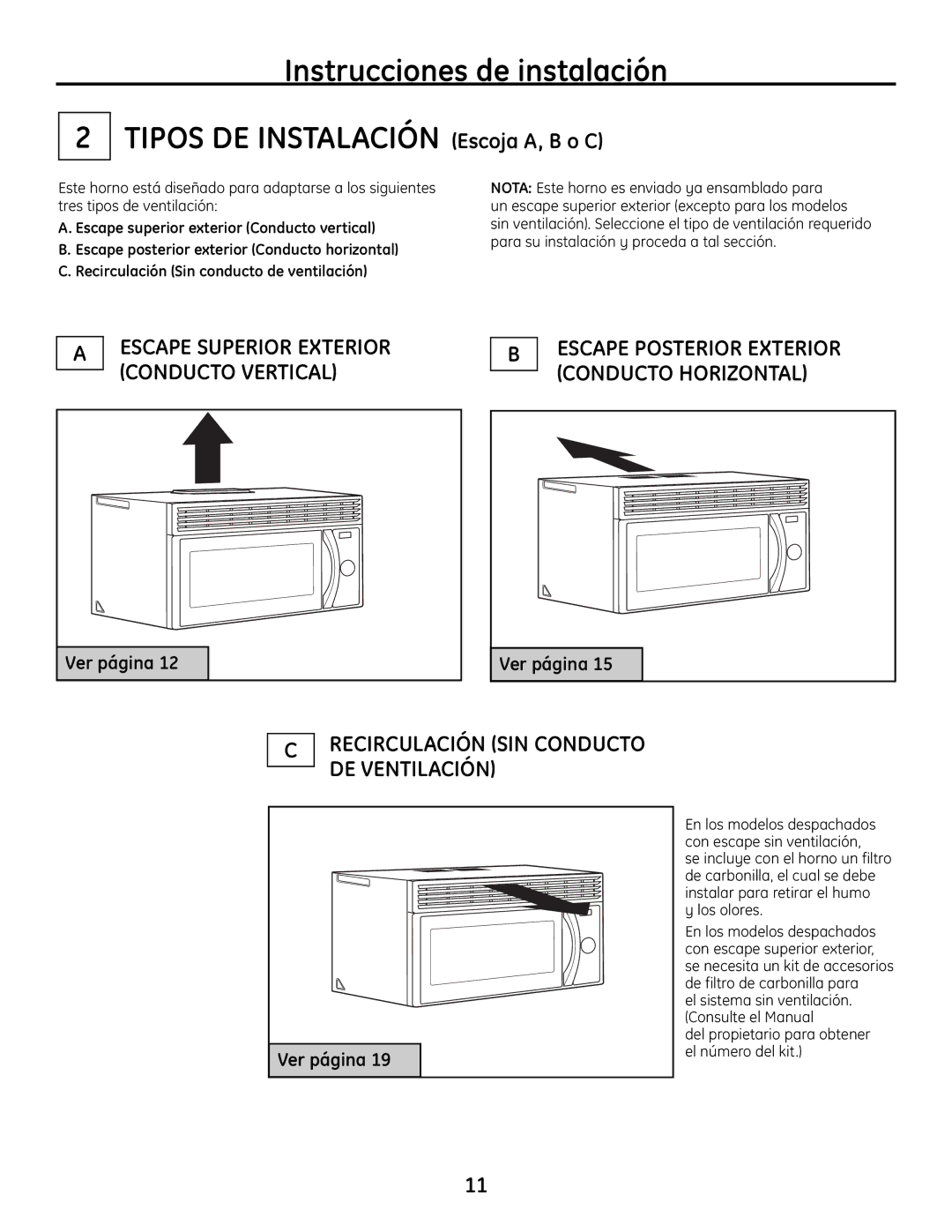 GE JVM1665SNSS warranty Escape superior exterior Conducto vertical, Del propietario para obtener el número del kit 