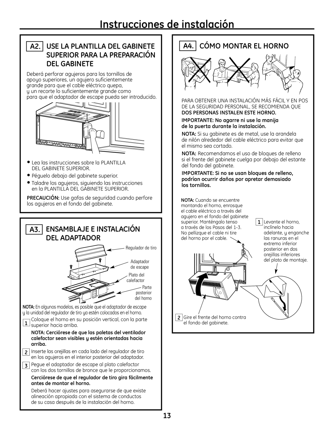 GE JVM1665 A4. Cómo Montar EL Horno, A3. Ensamblaje E Instalación DEL Adaptador, Péguelo debajo del gabinete superior 