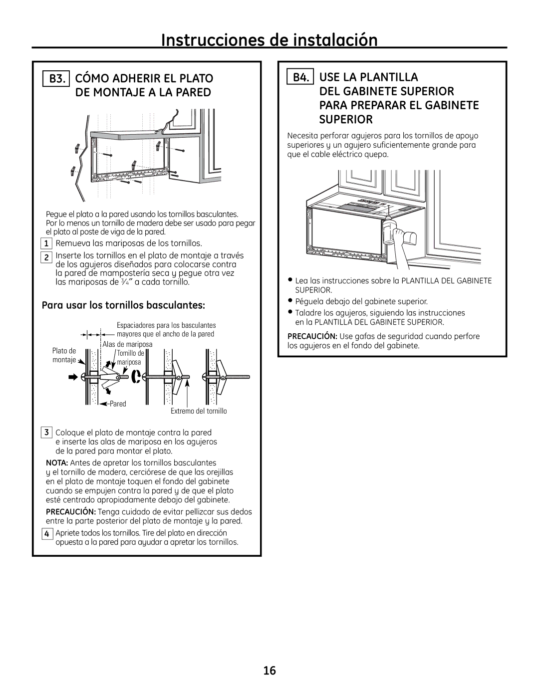 GE JVM1665SNSS warranty B3. Cómo Adherir EL Plato DE Montaje a LA Pared, Mariposa 