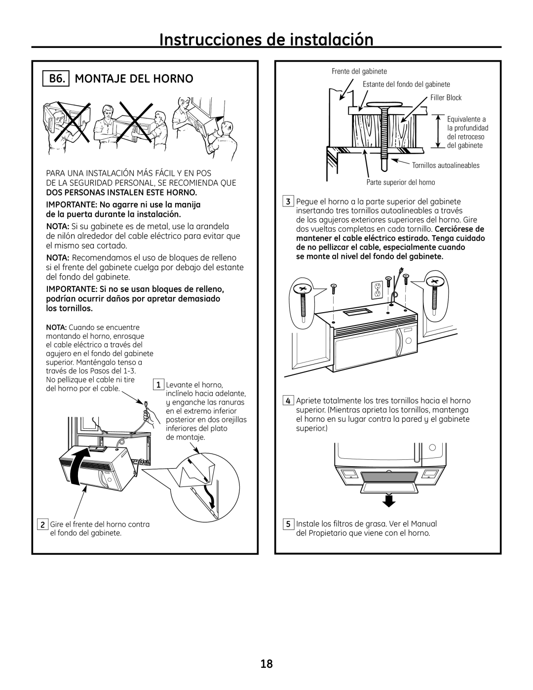 GE JVM1665SNSS warranty B6. Montaje DEL Horno, Se monte al nivel del fondo del gabinete, De montaje 