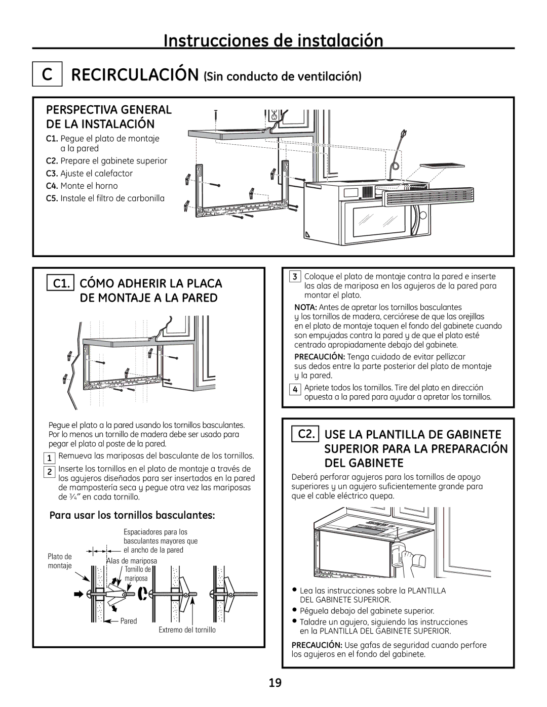 GE JVM1665 warranty C1. Cómo Adherir LA Placa DE Montaje a LA Pared, Remueva las mariposas del basculante de los tornillos 