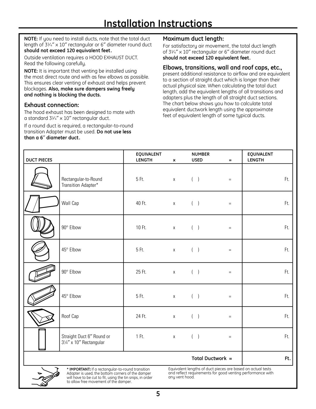 GE JVM1665 warranty Exhaust connection, Maximum duct length, Elbows, transitions, wall and roof caps, etc, Total Ductwork = 