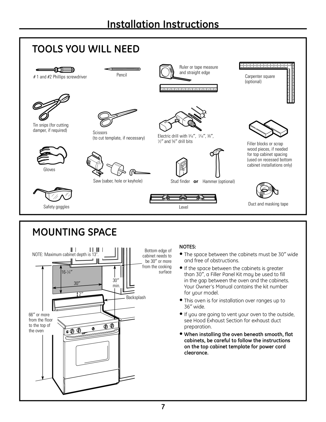 GE JVM1665SNSS warranty Tools YOU will Need, Mounting Space 