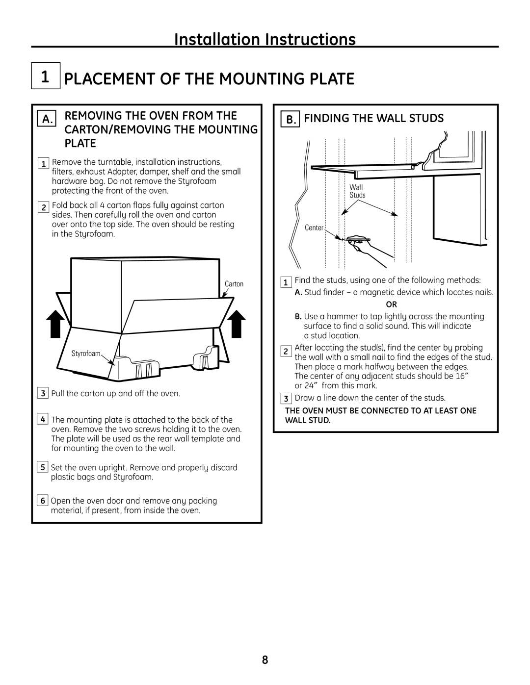 GE JVM1665SNSS Placement of the Mounting Plate, Finding the Wall Studs, Oven Must be Connected to AT Least ONE Wall Stud 