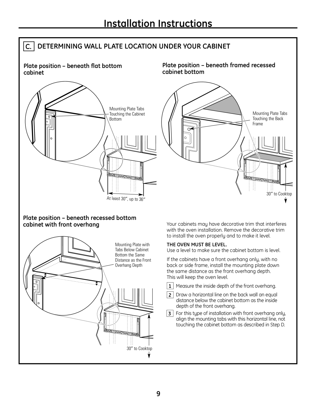 GE JVM1665SNSS warranty Determining Wall Plate Location Under Your Cabinet, Oven Must be Level 