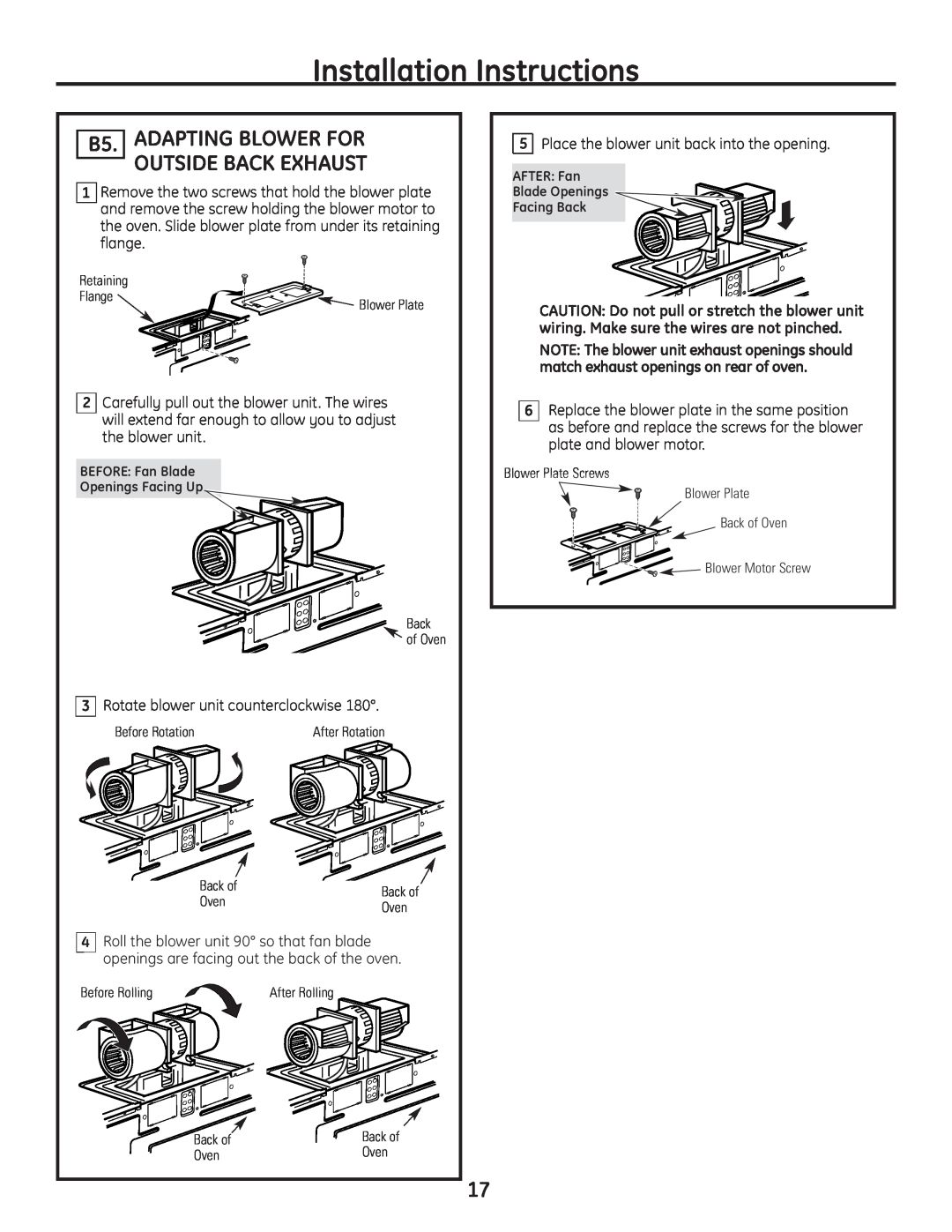 GE JVM1665SNSS warranty Installation Instructions, B5. ADAPTING BLOWER FOR OUTSIDE BACK EXHAUST 