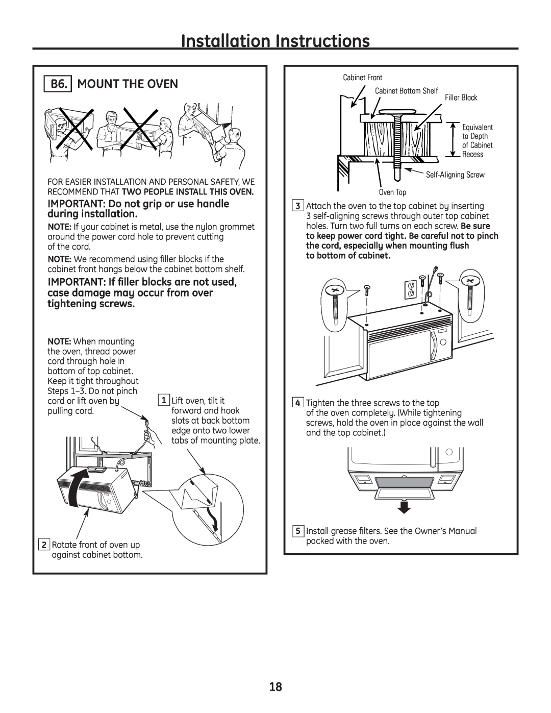 GE JVM1665SNSS warranty B6. MOUNT THE OVEN, Installation Instructions, to bottom of cabinet 