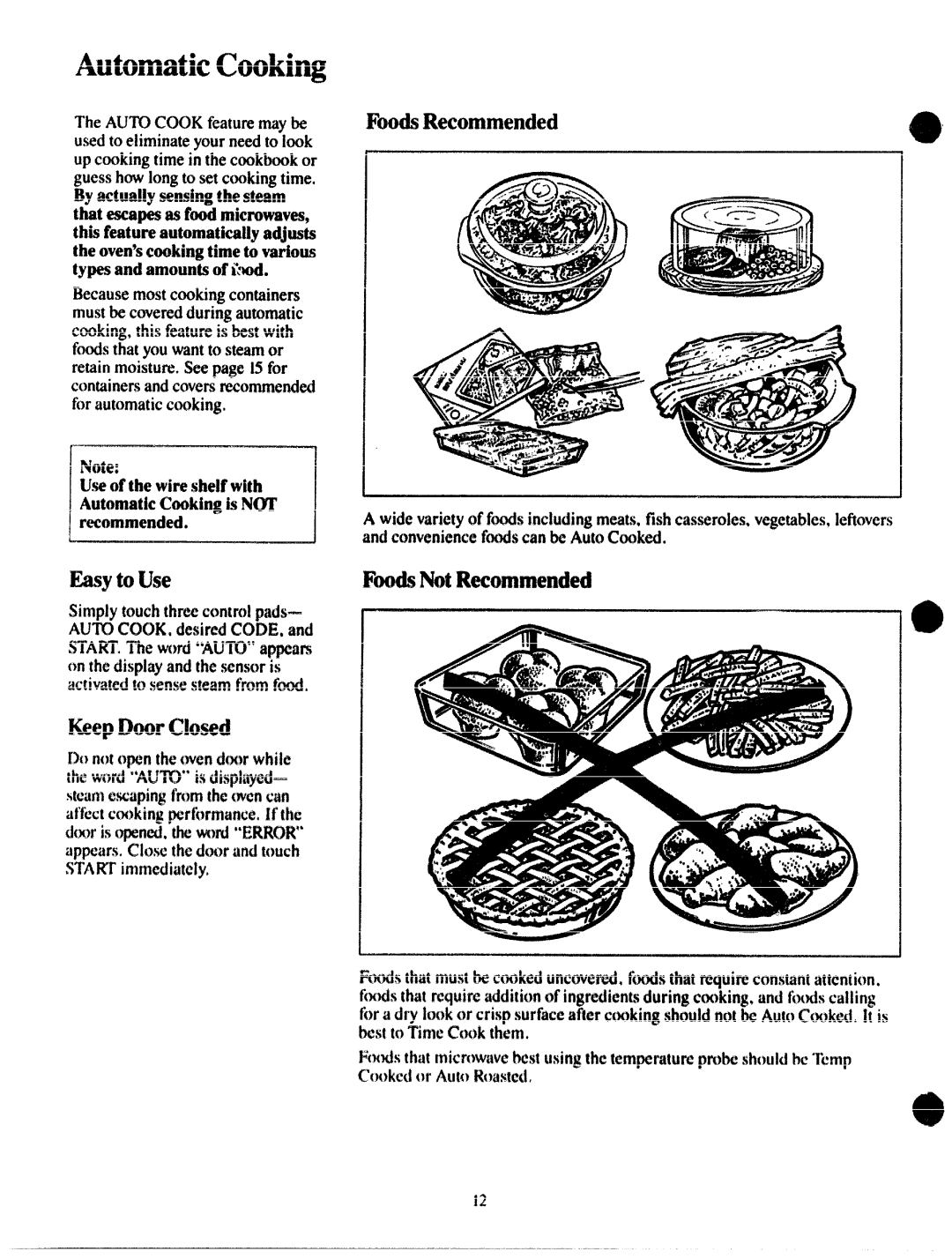 GE JVM172G manual AutomaticCooking, EasytoUseF’oodd%t, Keep, Useofthewireshelfwith AutomaticCoakingisNOI’ 