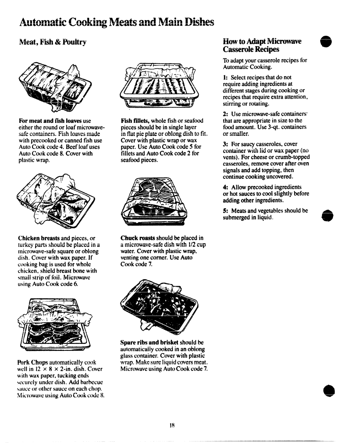 GE JVM172G manual AutomaticCookingMeatsandMainDishes, HowtoAdaptMicrowave CasseroleRecipes, Formeatandfishloaves use 