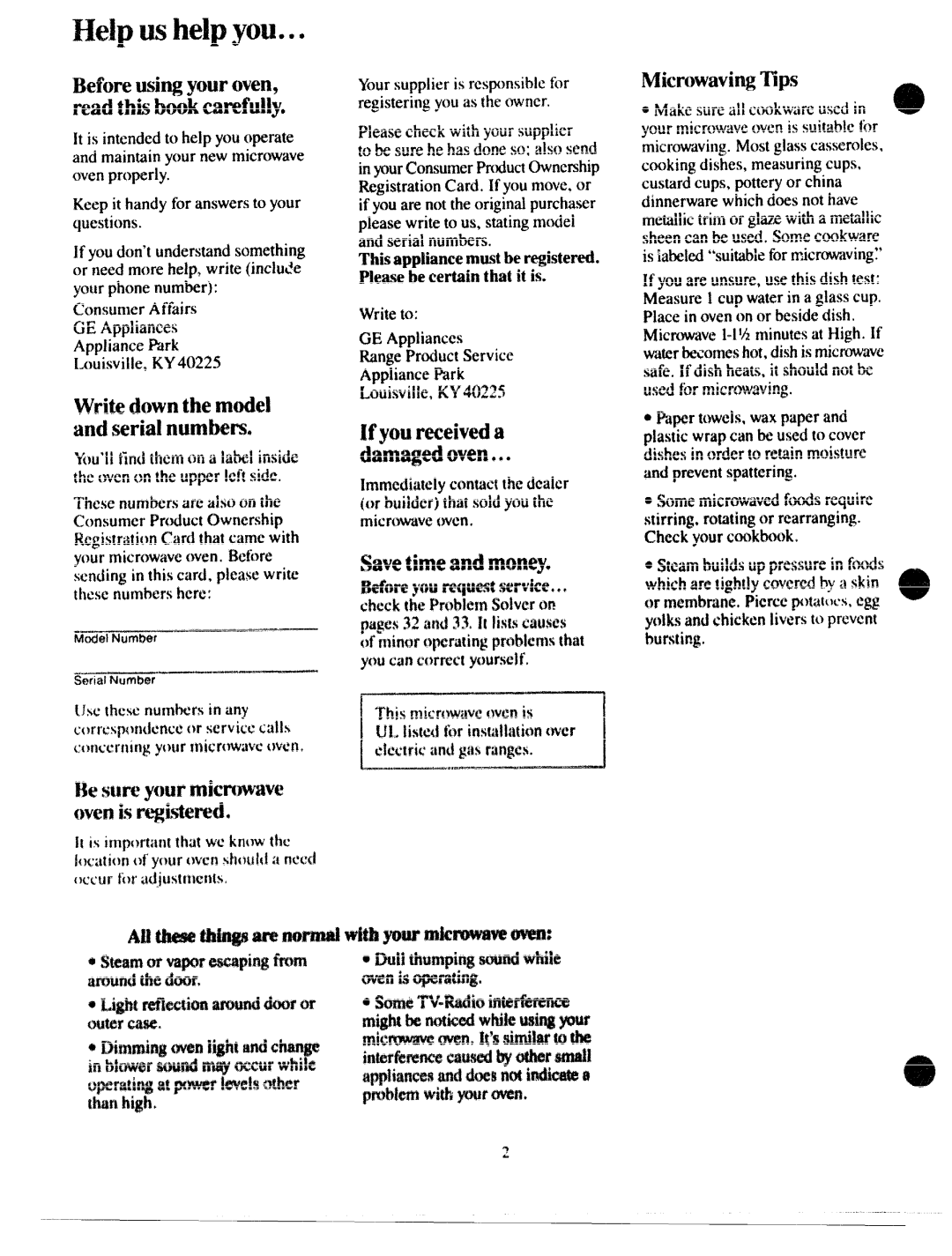 GE JVM172G manual Before youroven, readthisbookcarefully, Write downthe model andserial, Tips, Ifyou, Ovens 