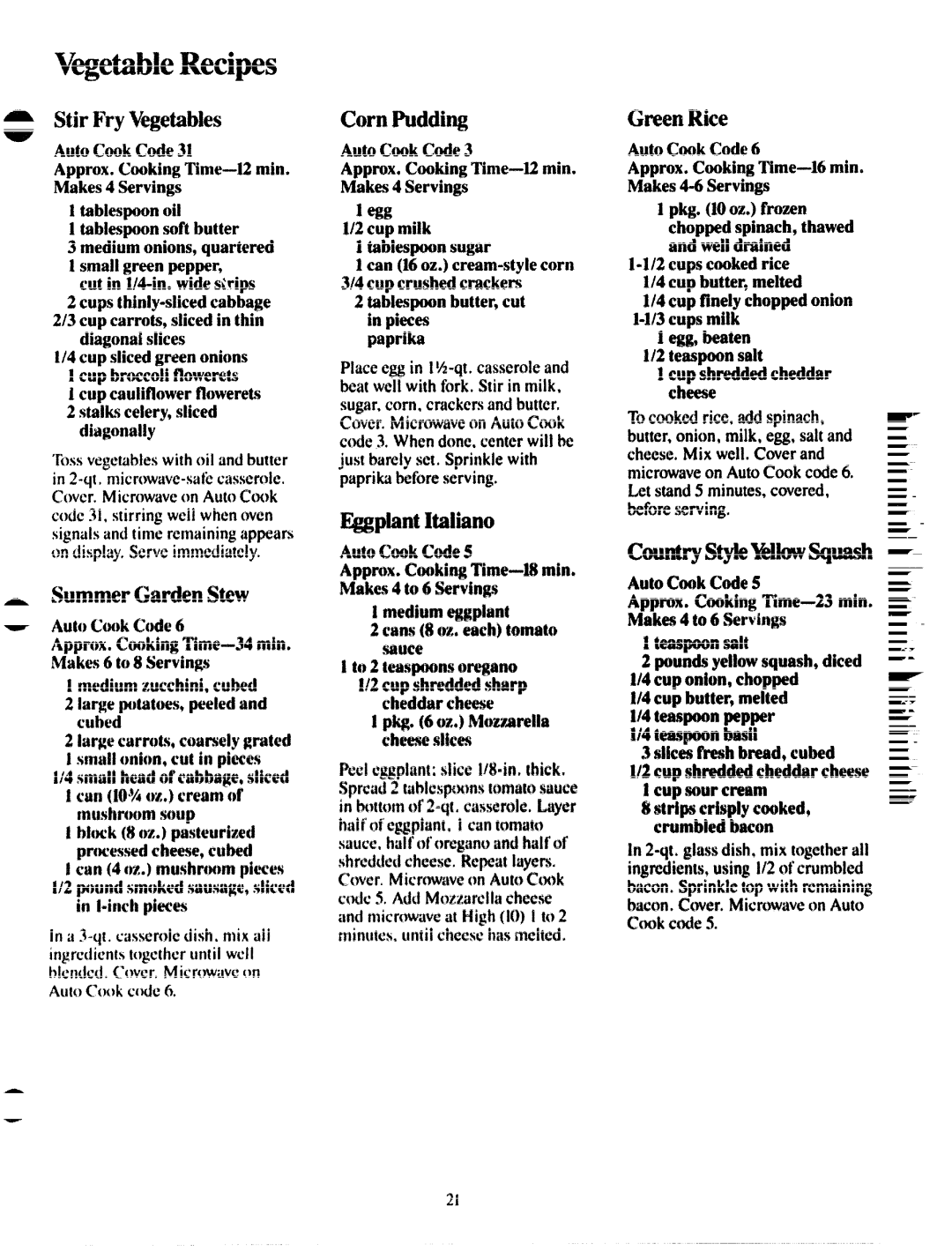 GE JVM172G manual VbgetableRecipes 