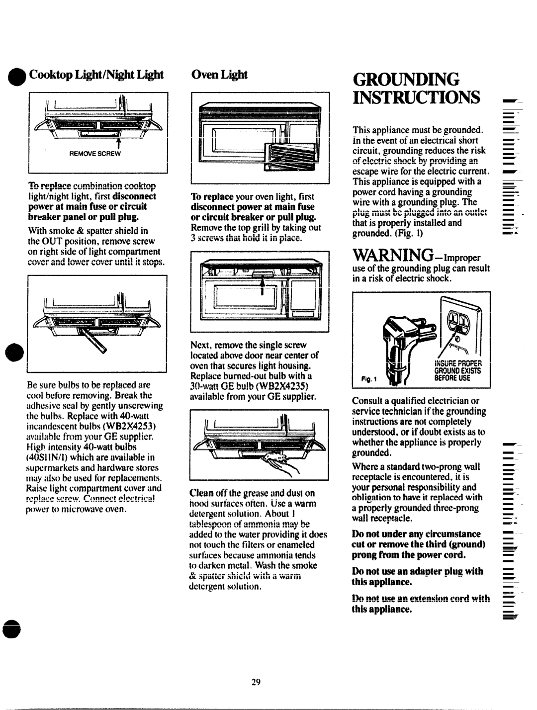 GE JVM172G manual Grounding Instructions, oven Light 