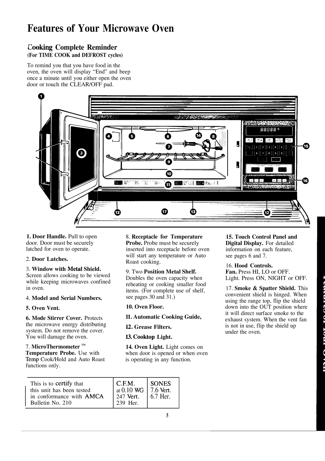 GE JVM172H warranty Features of Your Microwave Oven, Coohng Complete Reminder, For Time Cook and Defrost cycles 