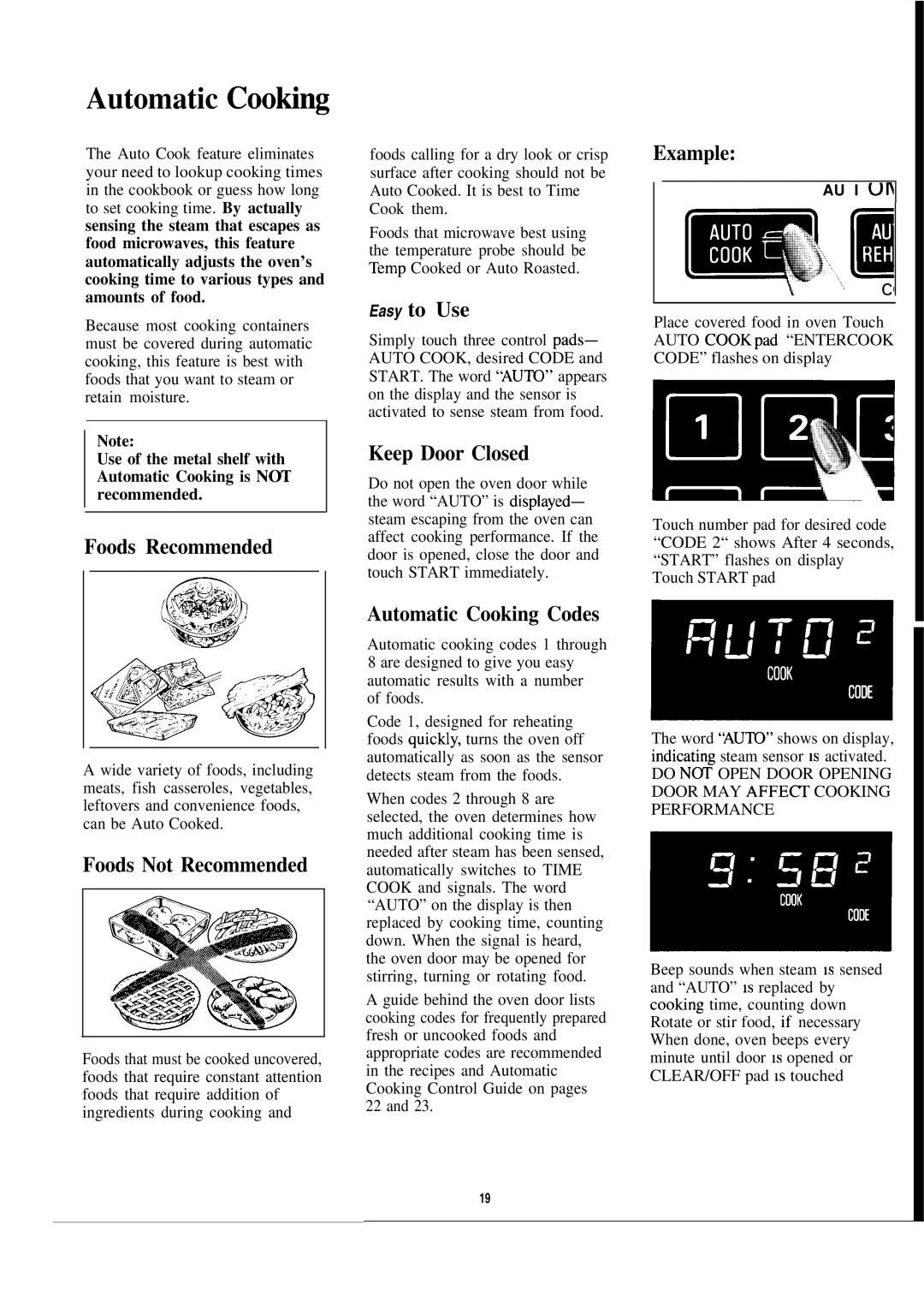 GE JVM172J warranty Automatic Cooting, Automatic Cooking Codes 