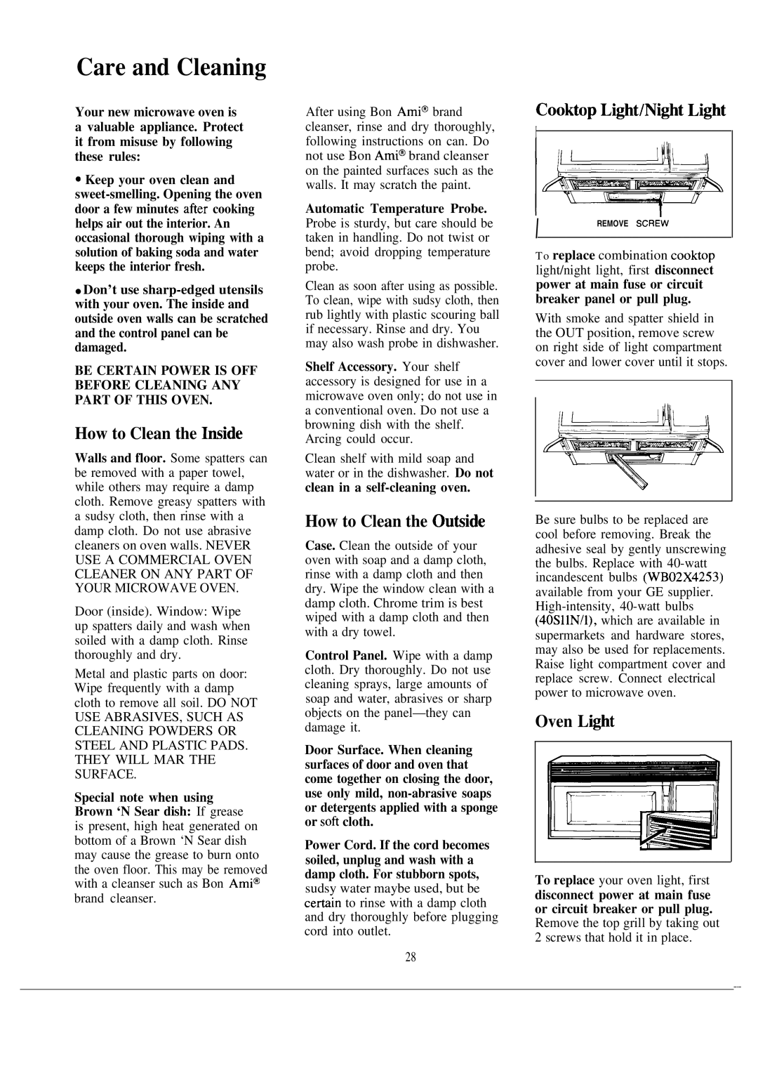 GE JVM172J warranty Care and Cleaning, How to Clean the Imide, How to Clean the Ou@ide, Cooktop Li@t/Ni@t Li@t, Oven Li@t 